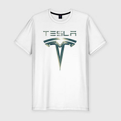 Футболка slim-fit Tesla Logo Тесла Логотип Карбон, цвет: белый
