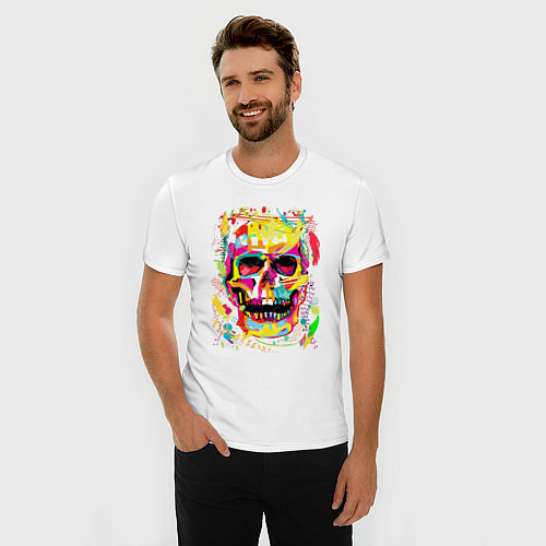 Мужская slim-футболка Красочный стилизованный череп / Белый – фото 3