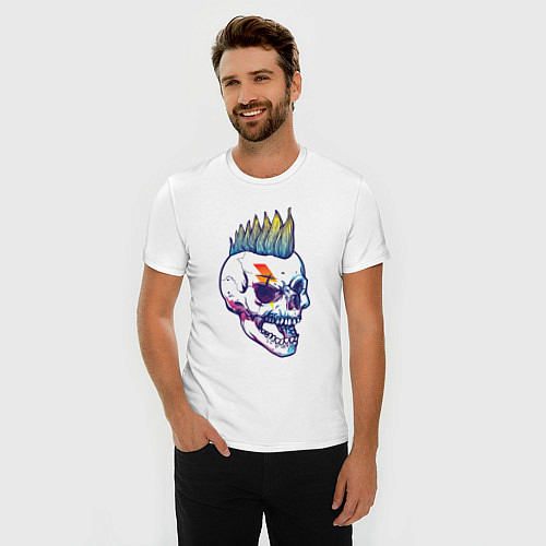 Мужская slim-футболка Череп-панк с ирокезом / Белый – фото 3