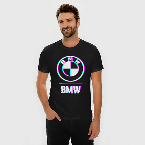 Мужская slim-футболка Значок BMW в стиле glitch / Черный – фото 3