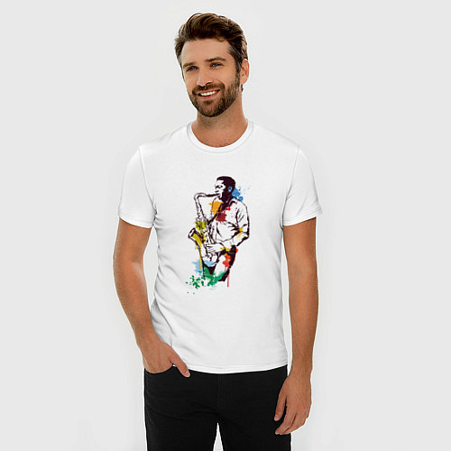 Мужская slim-футболка Саксофонист арт / Белый – фото 3