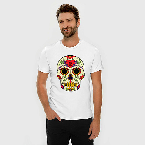 Мужская slim-футболка Череп с замочком, с подсолнухами и цветами / Белый – фото 3