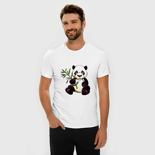 Мужская slim-футболка Панда кушает бамбук / Белый – фото 3