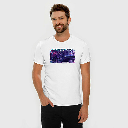 Мужская slim-футболка Мотоцикл в стиле киберпанк / Белый – фото 3