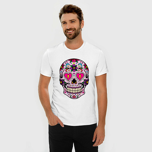 Мужская slim-футболка Розовый череп с сердечками и цветами / Белый – фото 3
