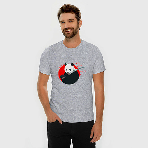 Мужская slim-футболка Панда держит меч / Меланж – фото 3