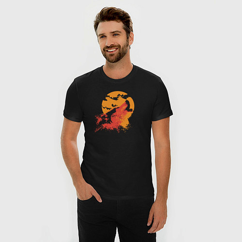Мужская slim-футболка Вой на оранжевую луну / Черный – фото 3
