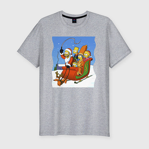 Мужская slim-футболка Новогодняя семейка Симпсонов в санях запряженных с / Меланж – фото 1