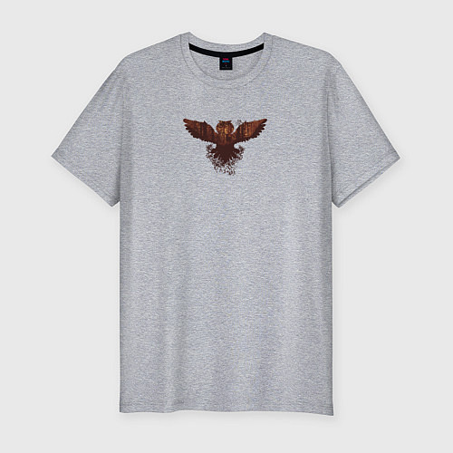 Мужская slim-футболка Летящая сова и силуэт оленя в осеннем лесу / Меланж – фото 1