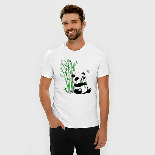 Мужская slim-футболка Панда бамбук и стрекоза / Белый – фото 3