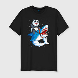 Футболка slim-fit Панда верхом на акуле в космосе, цвет: черный