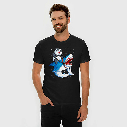 Мужская slim-футболка Панда верхом на акуле в космосе / Черный – фото 3