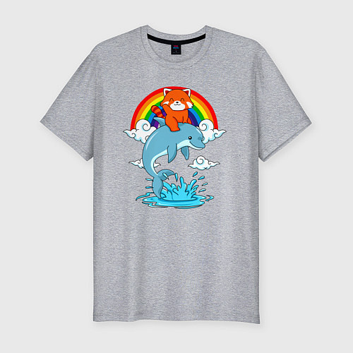Мужская slim-футболка Красная панда верхом на дельфине / Меланж – фото 1