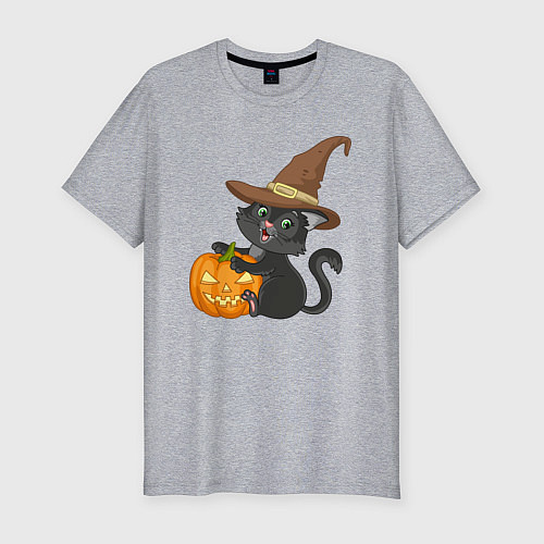 Мужская slim-футболка Чёрный котик в шляпе и с тыквой / Меланж – фото 1
