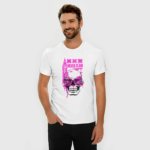 Мужская slim-футболка Череп с розовых очках - Hooligan / Белый – фото 3