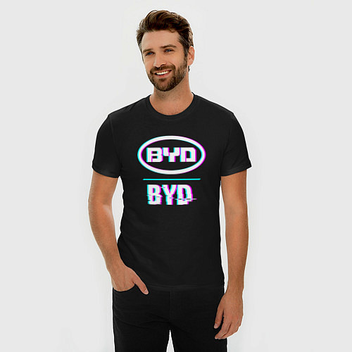 Мужская slim-футболка Значок BYD в стиле glitch / Черный – фото 3