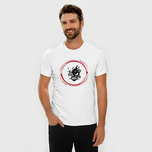 Мужская slim-футболка Символ Cyberpunk 2077 и красная краска вокруг / Белый – фото 3