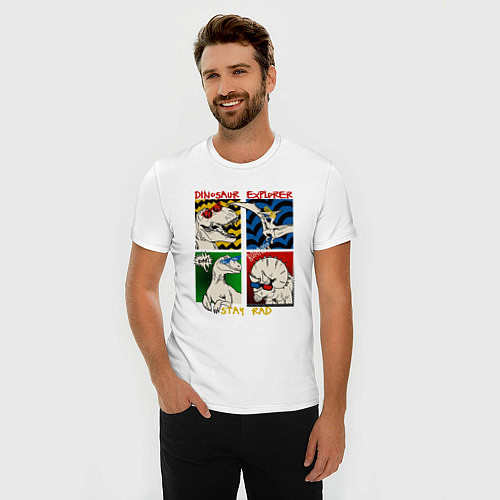 Мужская slim-футболка Поп арт динозавры в очках / Белый – фото 3
