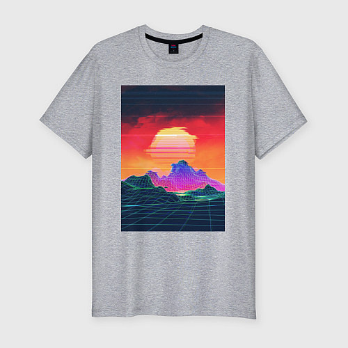 Мужская slim-футболка Синтвейв горы на закате / Меланж – фото 1