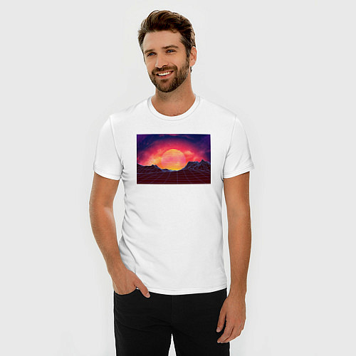 Мужская slim-футболка 3D неоновые горы на закате / Белый – фото 3