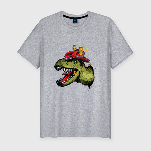 Мужская slim-футболка Динозавр в пивной шляпе / Меланж – фото 1