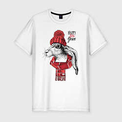 Футболка slim-fit Happy New Year! Rabbit in a red knitted hat, цвет: белый