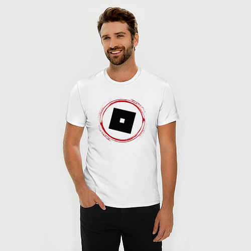 Мужская slim-футболка Символ Roblox и красная краска вокруг / Белый – фото 3