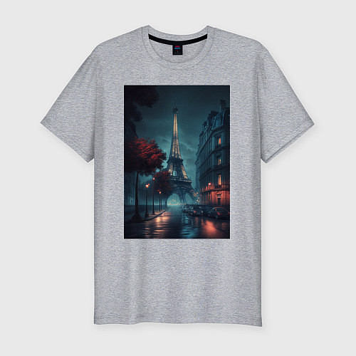 Мужская slim-футболка Нейросеть - Ночной Париж / Меланж – фото 1