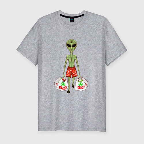 Мужская slim-футболка Пришелец на земле с покупками / Меланж – фото 1