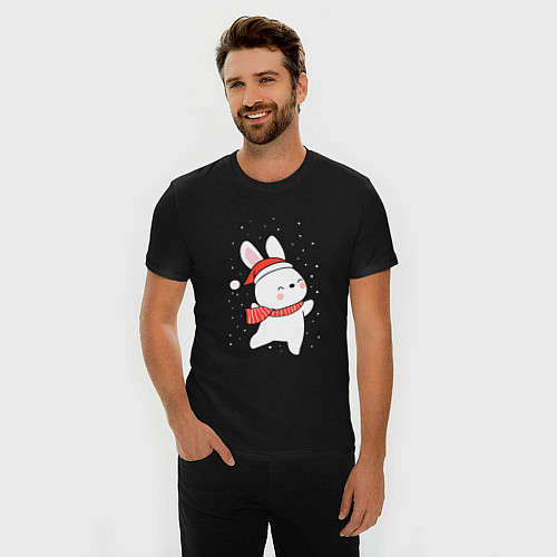 Мужская slim-футболка Кролик в шапке и шарфе арт / Черный – фото 3