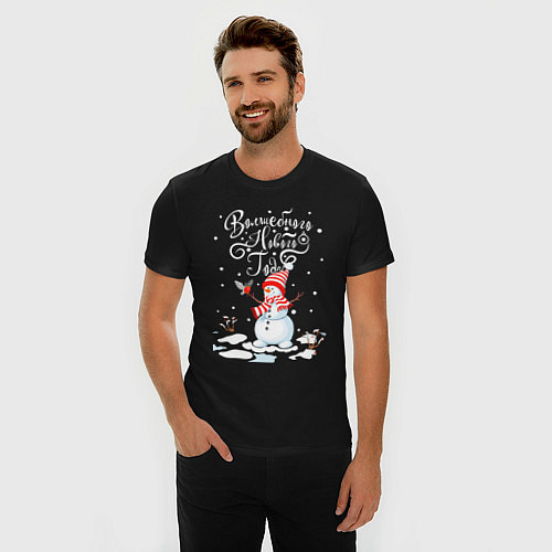 Мужская slim-футболка Новогодний снеговик / Черный – фото 3