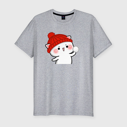 Мужская slim-футболка Игра в снежки - белый котик / Меланж – фото 1