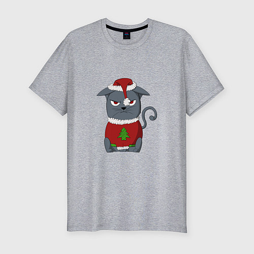 Мужская slim-футболка Недовольный новогодний кот / Меланж – фото 1
