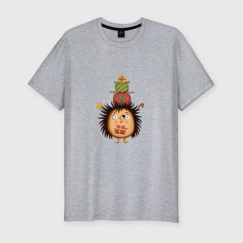 Мужская slim-футболка Ёжик с Новогодними подарками / Меланж – фото 1