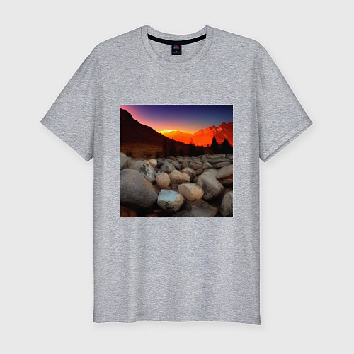 Мужская slim-футболка Горный пейзаж в закате солнца, каменная река / Меланж – фото 1