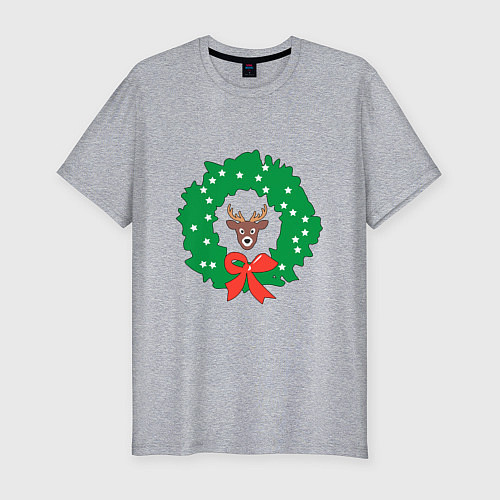 Мужская slim-футболка Рождественский венок с оленем / Меланж – фото 1