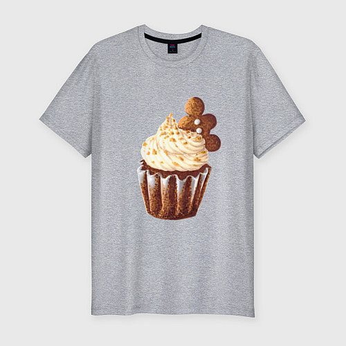 Мужская slim-футболка Новогодний капкейк с имбирным человечком / Меланж – фото 1