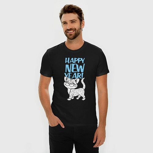Мужская slim-футболка Happy new year - kitten / Черный – фото 3