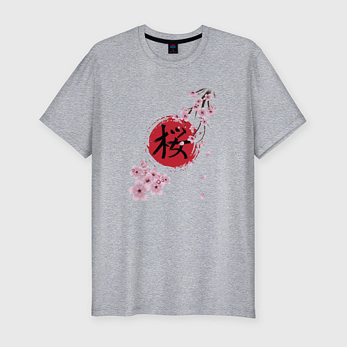 Мужская slim-футболка Цветущая вишня и красный круг с японским иероглифо / Меланж – фото 1