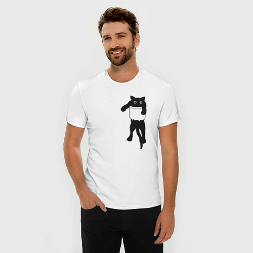 Мужская slim-футболка Черный котик в кармане / Белый – фото 3
