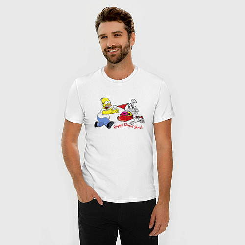 Мужская slim-футболка Гомер Симпсон гонится за кроликом / Белый – фото 3