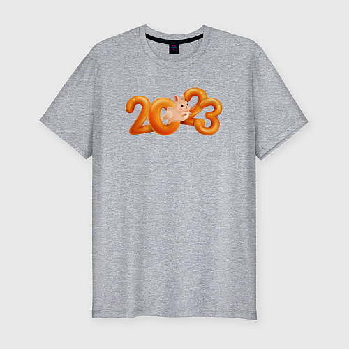 Мужская slim-футболка 2023 - надпись с кроликом / Меланж – фото 1