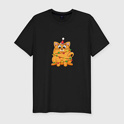 Футболка slim-fit Рыжий Новогодний кот, цвет: черный