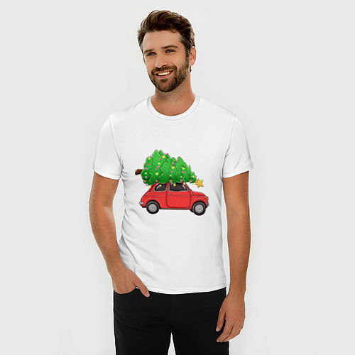Мужская slim-футболка Новогодняя машина с праздничной елкой / Белый – фото 3