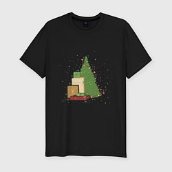 Футболка slim-fit Новогодняя елка с горой подарков, цвет: черный