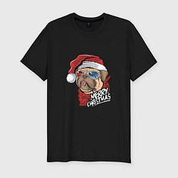 Мужская slim-футболка Pug merry christmas