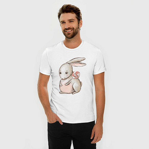 Мужская slim-футболка Серый кролик с леденцом / Белый – фото 3