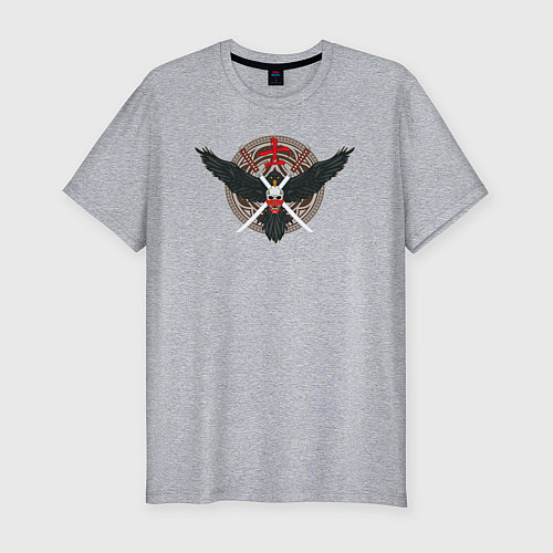 Мужская slim-футболка Голова самурая на фоне ворона / Меланж – фото 1