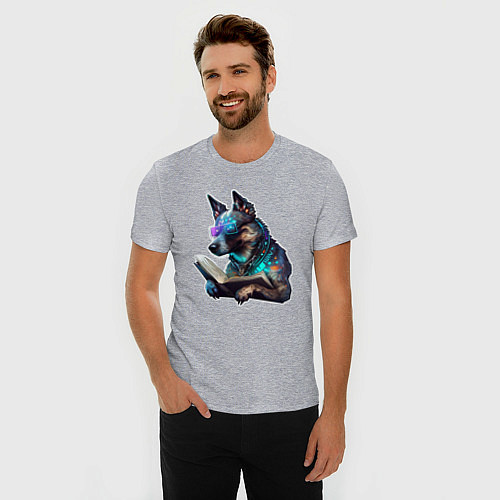 Мужская slim-футболка Киберпанк собака с книгой / Меланж – фото 3
