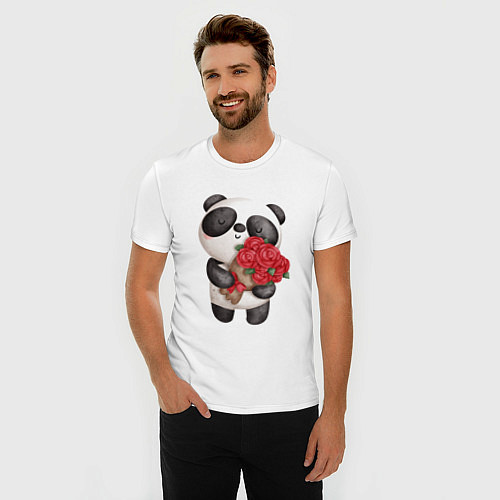 Мужская slim-футболка Панда с букетом цветов / Белый – фото 3